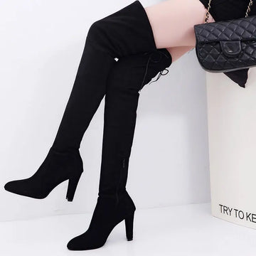 Xajzpa  Winter Over The Knee Women Boots Stretch Fabrics High Heel Slip On Shoes Pointed Toe Woman Long Boots Size Plus Size34-43